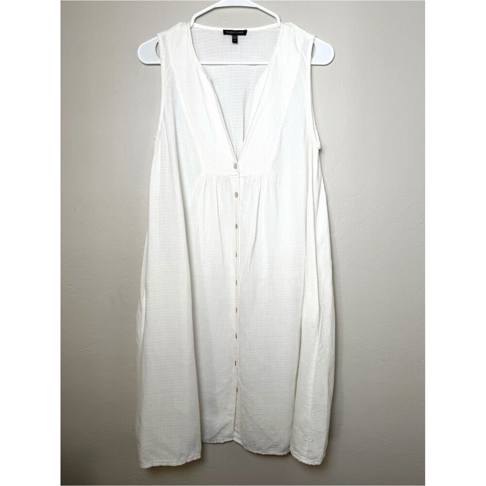 Eileen Fisher White Linen Blend Button Front Midi Dress M Beachy Lagenlook